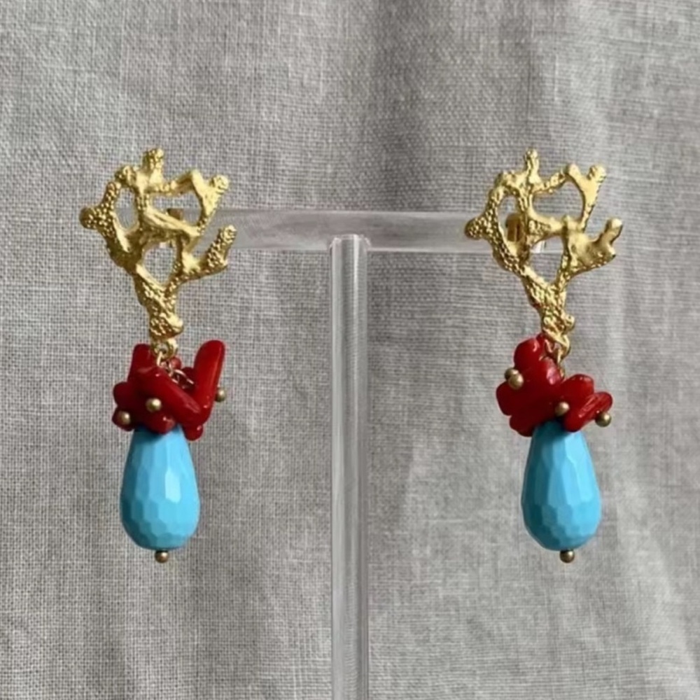 Gold Leaf Coral Blue Earrings